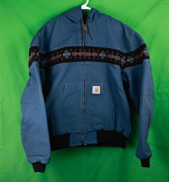 Vintage 90s Carhartt Aztec Hoodie Jacket XL Blue Made in USA