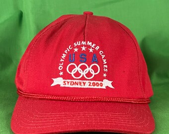 Vintage 2000 Sydney Olympic Summer Games Red Leather Strapback Hat Y2K Made in USA Olympics
