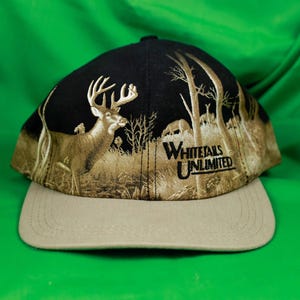 Vintage 90s Whitetails Unlimited Snapback Hat Embroidered Made in USA Black / Tan All Over Print Hunting Deer