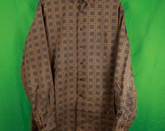Vintage 90s Nautica Long Sleeve Button Down Shirt Large Allover Print Geometric 100% Cotton Gold/Green Ralph Lauren Chaps AOP