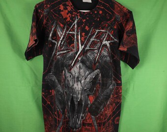 Vintage 2000s Slayer Allover Print T-Shirt Goat Skull Black/Red Medium Hanes AOP