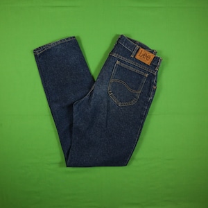 Vintage 80s/90s Lee Genuine Jeans Tapered Fit Denim Pants 33x34 Act. 31x33 Blue Worn Paint Union Made Leather Tab MR