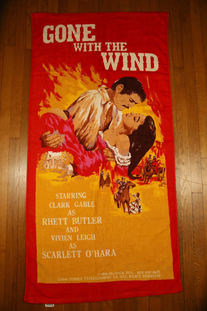 80s Gone With The Wind Beach Towel 30x60 Vintage 30s Retro Classic Cinema Movie Memorabilia Clark Gable Renaissance Tag