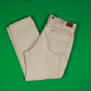 Vintage 80s/90s LL Bean Tan Denim Carpenter Pants 36x30 Union Made in USA Overall Buttons Sturdy Workwear