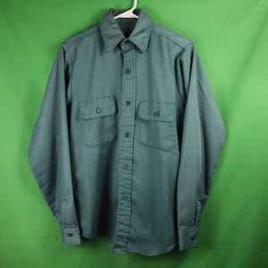 Vintage Uniform Work Shirt Green Long Sleeve Button Down Medium-Large Fit/  Cintas Dickies Red Kap Workwear Mechanic Cotton Twill