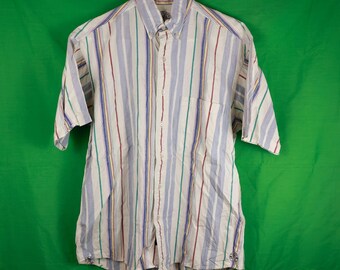 Vintage 90s Gant Salty Dog Vertical Striped Button Down Shirt Medium Half Sleeve White 100% Cotton Preppy