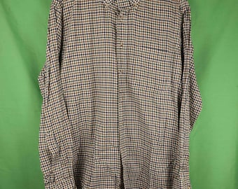 Vintage Huntington Gingham Long Sleeve Button Down Shirt Tan / Green Large 100% Cotton