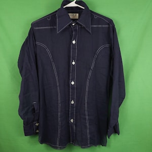Vintage 70s Arrow Mach II Long Sleeve Button Down Shirt Navy Blue Medium 15 - 15 1/2 Ranch Shirt Western Big Collar Disco