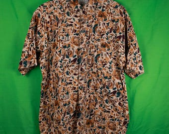 Vintage 80s/90s Trader Bay All Over Print Short Sleeve Button Down Shirt Camo Abstract Medium 100% Cotton