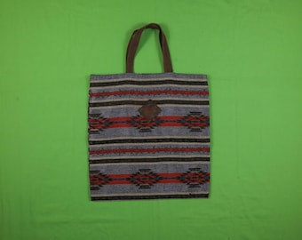 Vintage Aztec Western Tote Bag Medium Blue Red 17" x 16" / Striped Pattern / Velcro Pattern / Pocket / 80s 90s