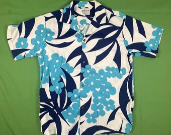 Vintage 60s  Sun Fashions of Hawaii Honolulu Hawaiian Button Down Shirt Large Floral White / Blue