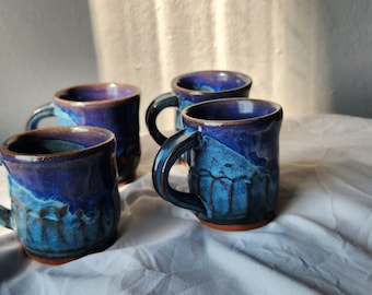 Small Ceramic Mugs with Blue glaze, set of 4.