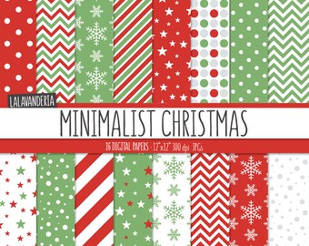 Christmas Digital Paper Pack with Red and Green Christmas Geometric Backgrounds. Printable Geometric Patterns. Digital Scrapbook Download