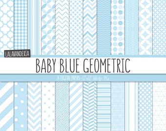 Geometric Digital Paper Pack. Baby Blue Backgrounds. Printable Paper Set. Baby Boy Geometrical Patterns. Digital Scrapbook. Instant Download