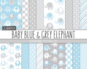 Baby Blue and Grey Elephant Digital Paper Pack. Baby Boy Patterns. Printable Set. Elephants Backgrounds. Digital Scrapbook Instant Download