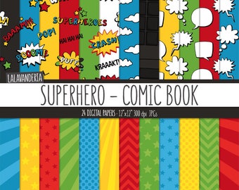 Superhero Digital Paper Pack. Action Words and Comic Sounds Patterns. Comic Book Backgrounds. Speech Bubbles - Super hero Digital Scrapbook