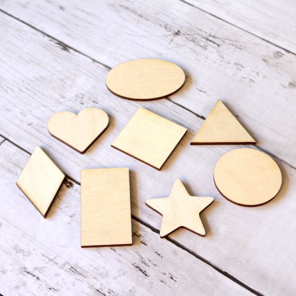 Basic Geometric Shapes, Wooden Set of 8, Montessori manipulatives, natural wood, learning aid, children's shape pieces, shape cutouts