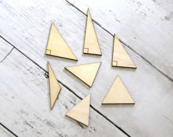 Triángulos, juego de 7 de madera, materiales manipulativos Montessori, educación en casa, madera natural, ayuda para el aprendizaje, recortes de formas, isósceles, escalenos y obtusos.