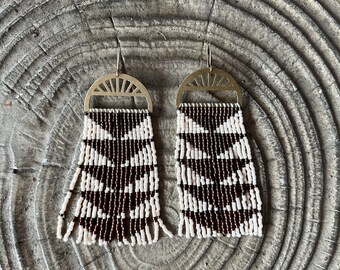 Lucy Love Dove » Delica Bead Fringe Earrings, Pale Peach and Bronze, Gold Sunrays, Boho Minimal, Goes with Everything, 14k Gold-Filled Wire