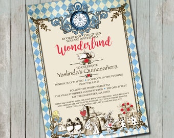 Vintage Alice in Wonderland inspired Birthday Invitation- high resolution digital file