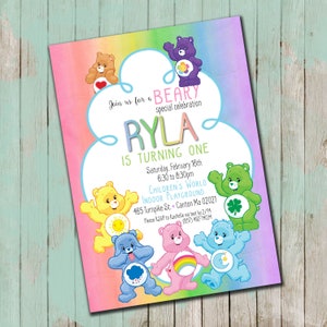 May include: A colorful invitation for a first birthday party with a rainbow background and cartoon Care Bears. The invitation says "Join us for a Beary special celebration Ryla is turning one" with the date, time, and location of the party.