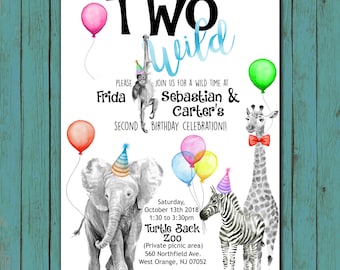 Two Wild Safari Animal Birthday invitation - high resolution digital file