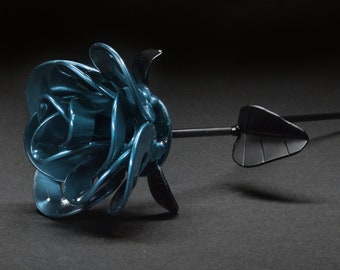 Light Blue Steel Rose Sculpture: Recycled Metal Art, 11th Anniversary