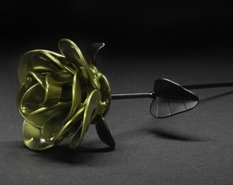 Pear and Black Immortal Rose, Recycled Metal Rose, Steel Rose Sculpture, Welded Rose Art, Steampunk Rose, Unique Gift for Valentine's Day.