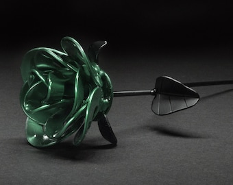 Green Steel Rose Sculpture: Handmade Recycled Metal Art