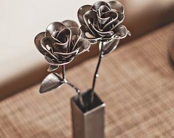 Two Metal Roses and Vase, Recycled Metal Roses with Vase, Steampunk Roses Centerpiece, Unique Gift, Modern Rustic Home Decor.