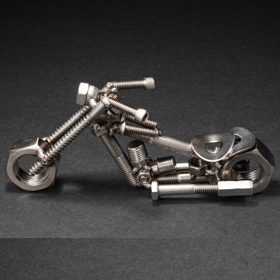 Metal Motorcycle Figurine, Scrap Steel Chopper, Nuts and Bolts