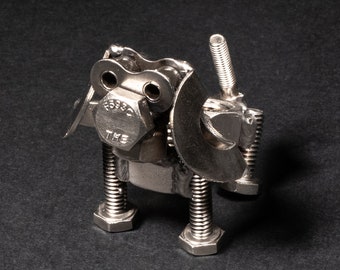 Scrap Metal Floppy Eared Dog Figurine, Steel Canine, Nuts and Bolts Puppy Sculpture