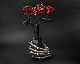 Creepy Skeleton Hand Vase: Metal Roses Sculpture, Dark Home Decor