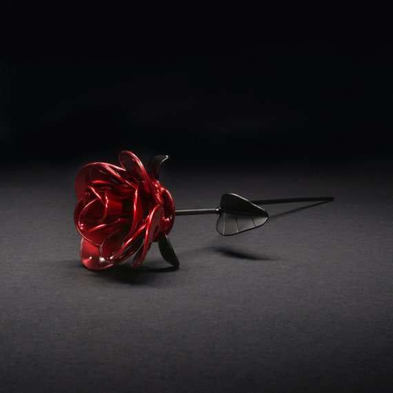 Red Steel Rose Sculpture: Handmade Recycled Metal Flower Art