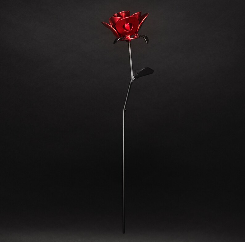 以下が含まれることがあります： 黒い背景に立てられた、黒い金属の茎と葉を持つ赤い金属のバラ1本。