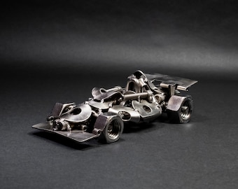 Scrap Metal Formula One, Steel Indy Car Figurine, Nuts and Bolts Race Car Sculpture