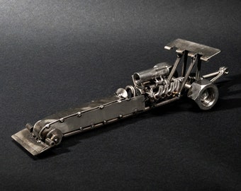 Repurposed  Metal Dragster, Steel Rail Top Fuel Figurine, Nuts and Bolts Drag Car Sculpture