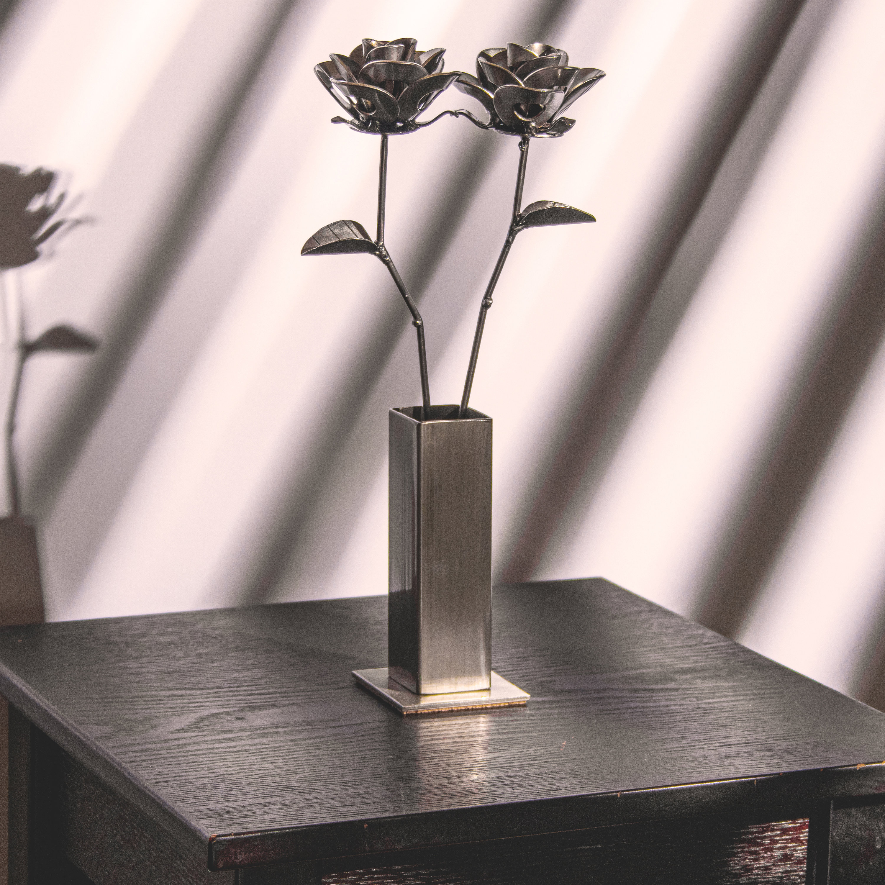 Two Metal Roses and Vase, Recycled Metal Roses With Vase