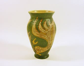 Gorka Livia, Vase Rétro Vert aux Oiseaux 5 », POTERIE D’ART DES ANNÉES 1950 ! (G276)