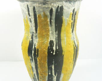 Gorka Livia, Retro Vase with Black & Yellow Stripes 9.7", 1960'S ART POTTERY ! (G221)