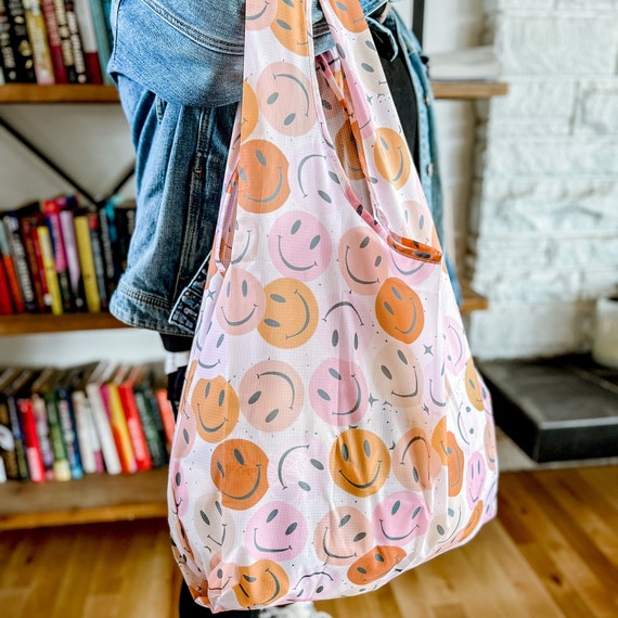 Smiley Face Tote herbruikbare tas extra grote opvouwbare tas boodschappentas milieuvriendelijke tassen postkantoortas postzakken bloemmotief XL tas Etsy Nederland