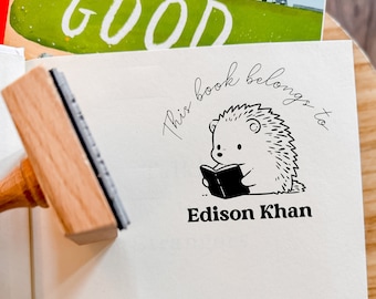 Custom Book Stamp, Hedgehog Library Stamp, Bookplate, Bookworm Rubber Stamp, Ex Libris Stamp, Book Stamper, Book Stamp Personalized