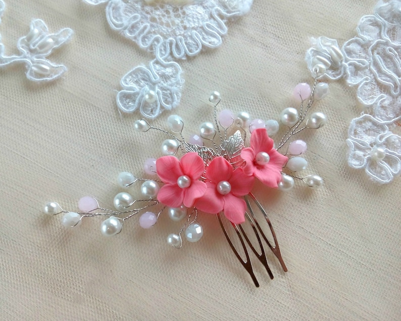 Silver bride hair comb Bridal pink leaf hair accessories Wedding flower hairpiece for bridesmaid