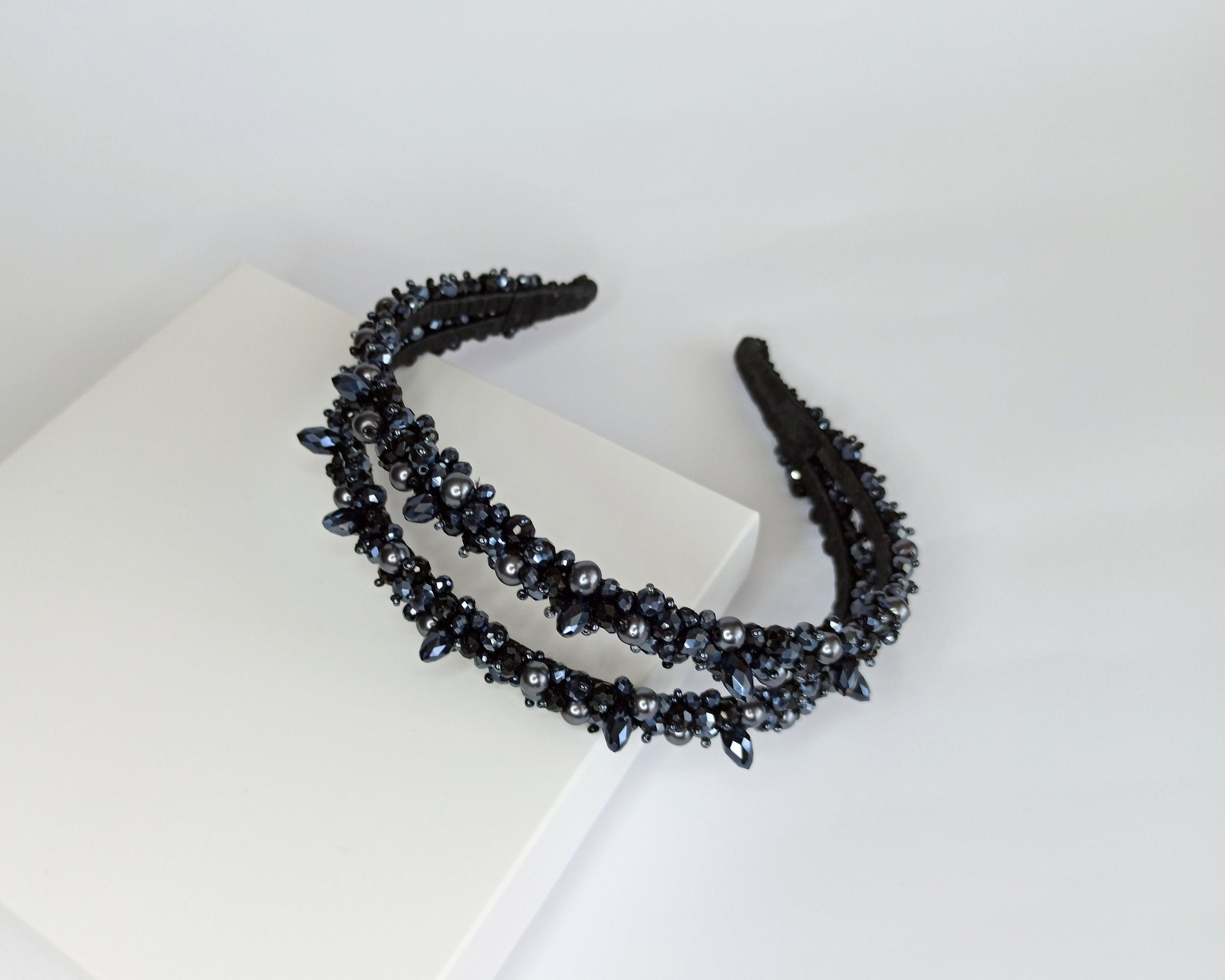 Pearl jeweled headband Crystal headpiece for bride Black | Etsy