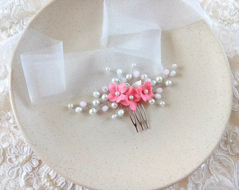 Silver bride hair comb Bridal pink leaf hair accessories Wedding flower hairpiece for bridesmaid