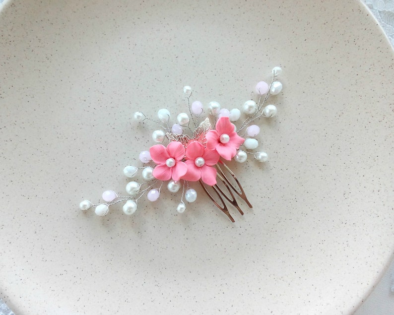 Silver bride hair comb Bridal pink leaf hair accessories Wedding flower hairpiece for bridesmaid