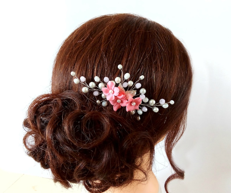 Silver bride hair comb Bridal pink leaf hair accessories Wedding flower hairpiece for bridesmaid
