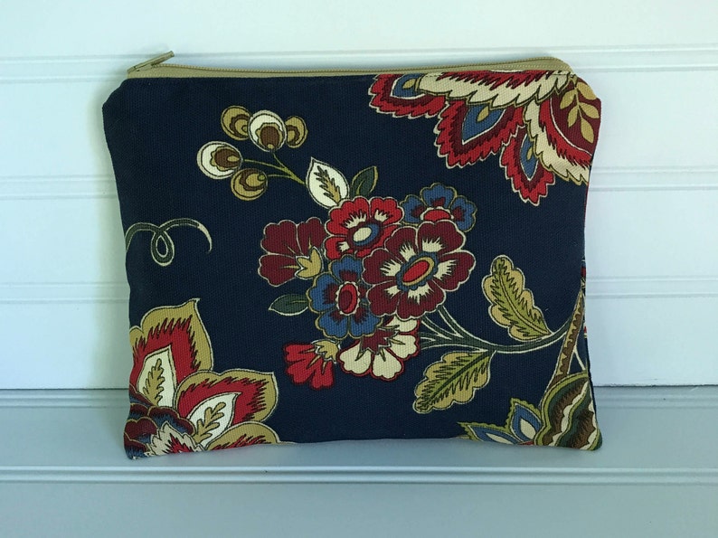 Bold Floral on Navy Blue Pouch Handmade Zipper Pouch