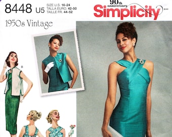 SIMPLICITY 8448 sewing pattern for women. 1950s vintage dress and vest.  Shift dress pattern with princess seams. Evening dress pattern.