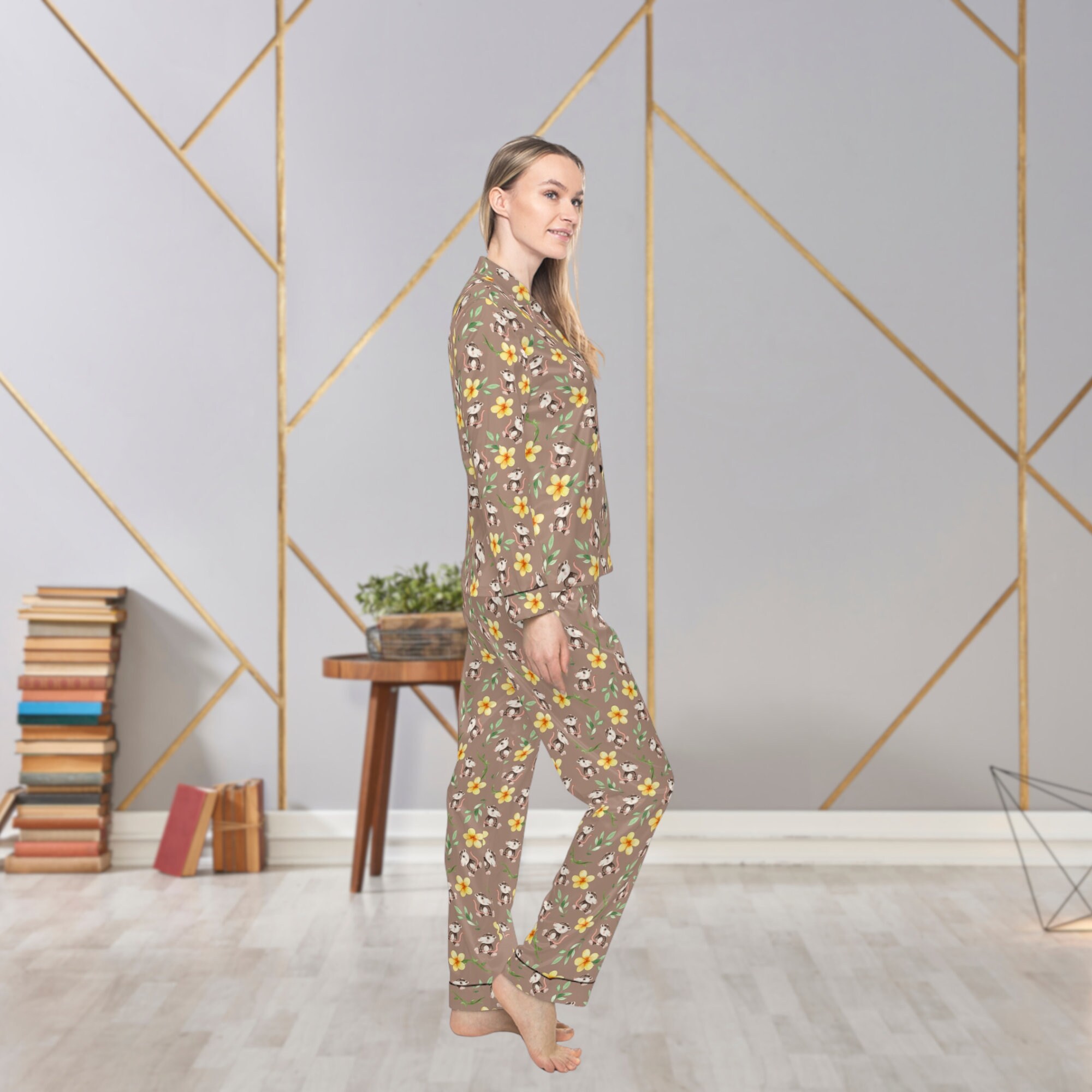 Neutral Earth Tones Opossum Watercolor Floral Women s Satin